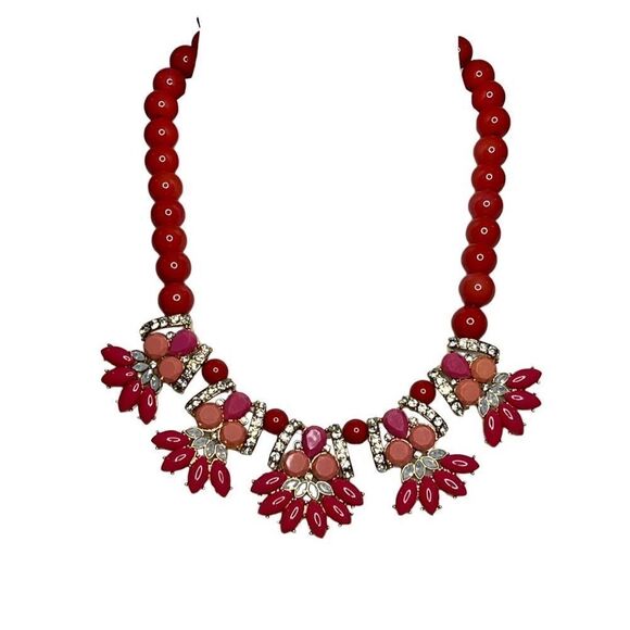 Talbots coral rhinestone statement necklace in gold setting - Picture 1 of 9